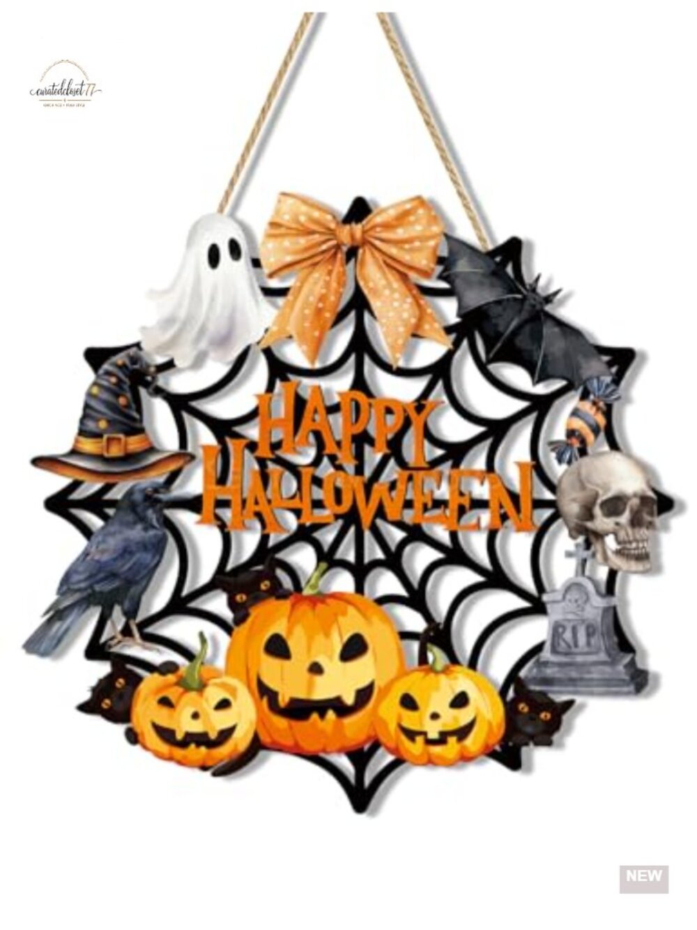 Wooden Halloween Wreath Sign Happy Halloween Wall Decor Spider Web Ghost Pumpkin